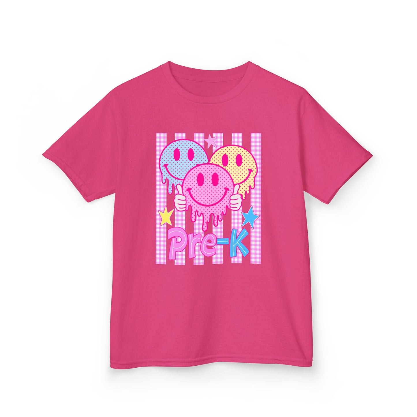 Pre-K Smiley Faces Kids T-Shirt — Cute Drip Neon Preschool Tee