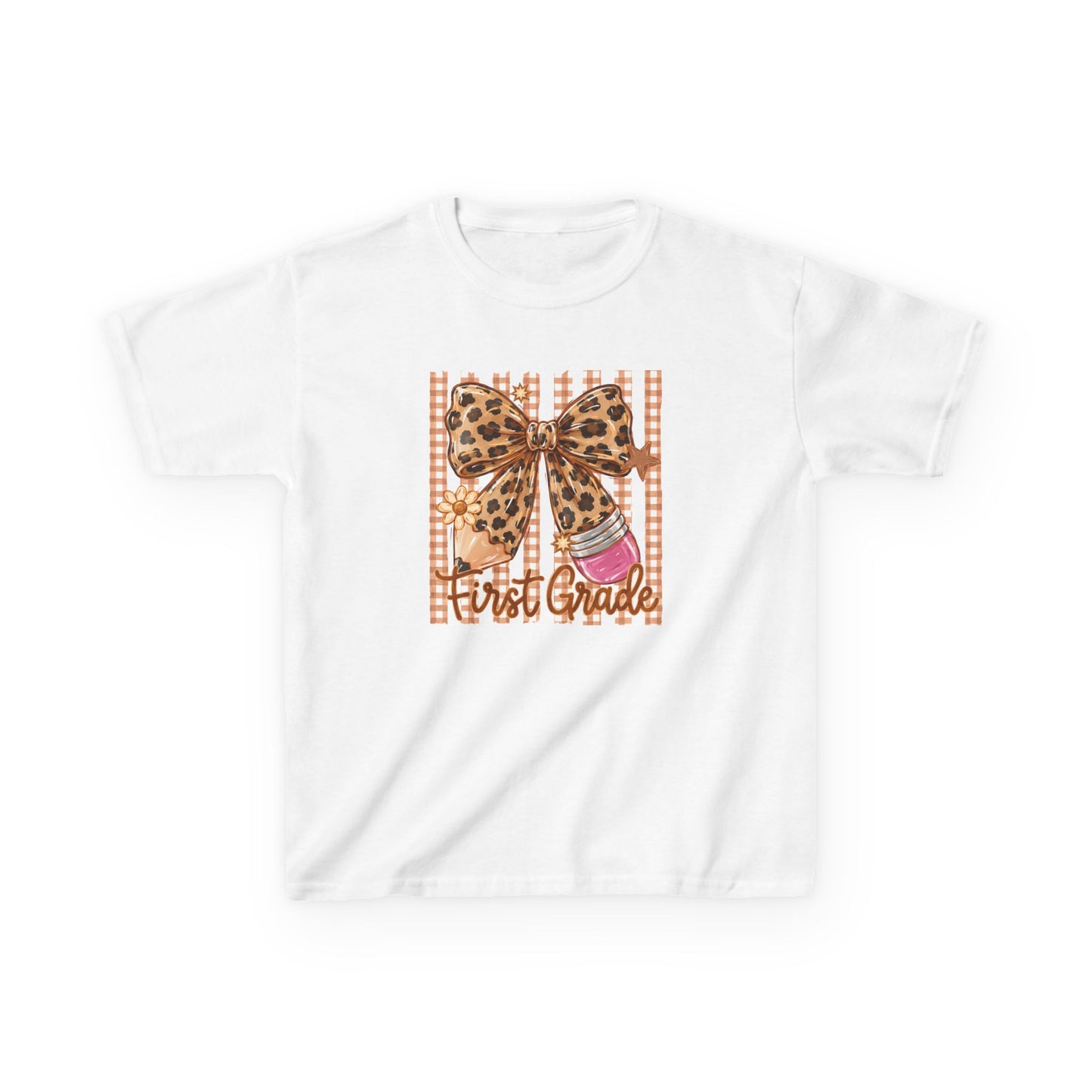 First Grade Leopard Bow Kids Tee — Back to School Graphic Shirt