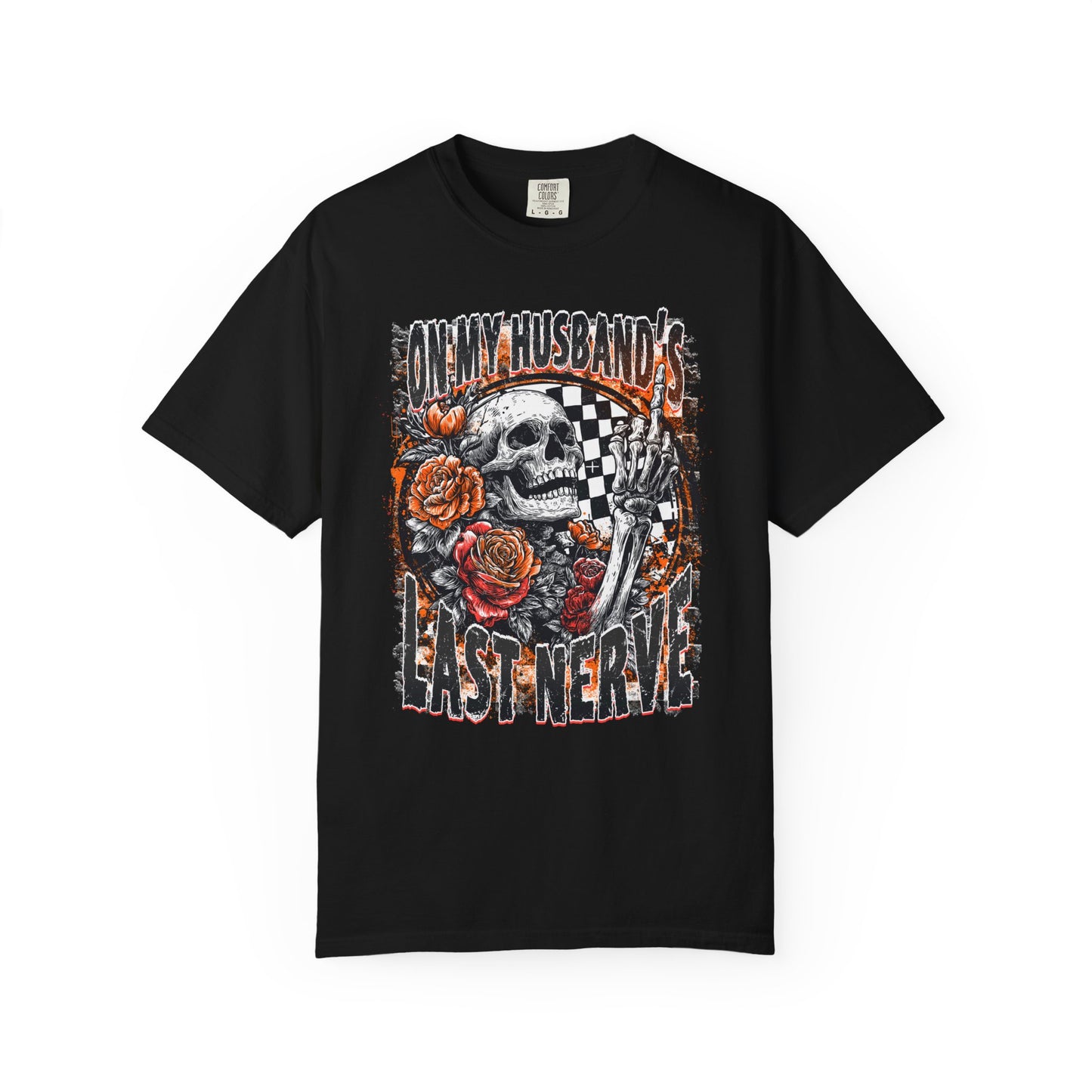 Easy Nerve T-Shirt — Skull, Roses & Racing Flag Graphic Tee