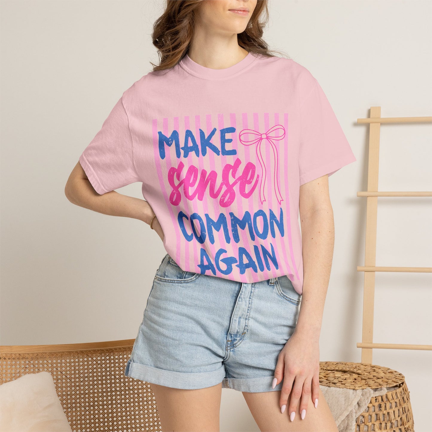 Make Sense Common Again T-Shirt — Feminine Pink Stripe Graphic Tee