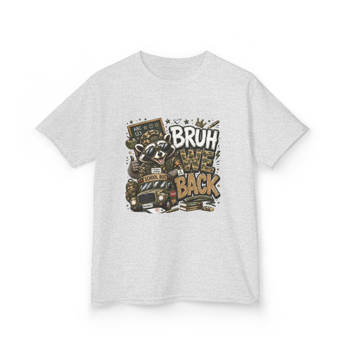 Kids Tee — "Bruh We Back" Cartoon Raccoon School Bus Graphic