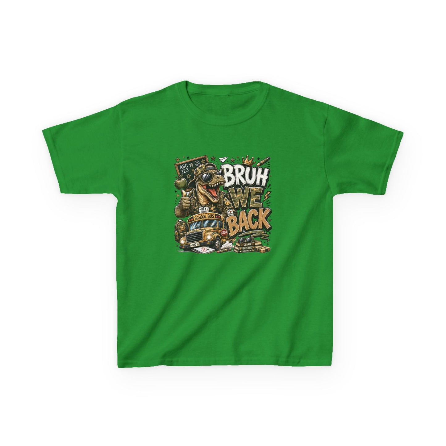 Kids Graphic Tee — "Bruh We Back" T- Rex Vintage Skate Dinosaur Crew Shirt