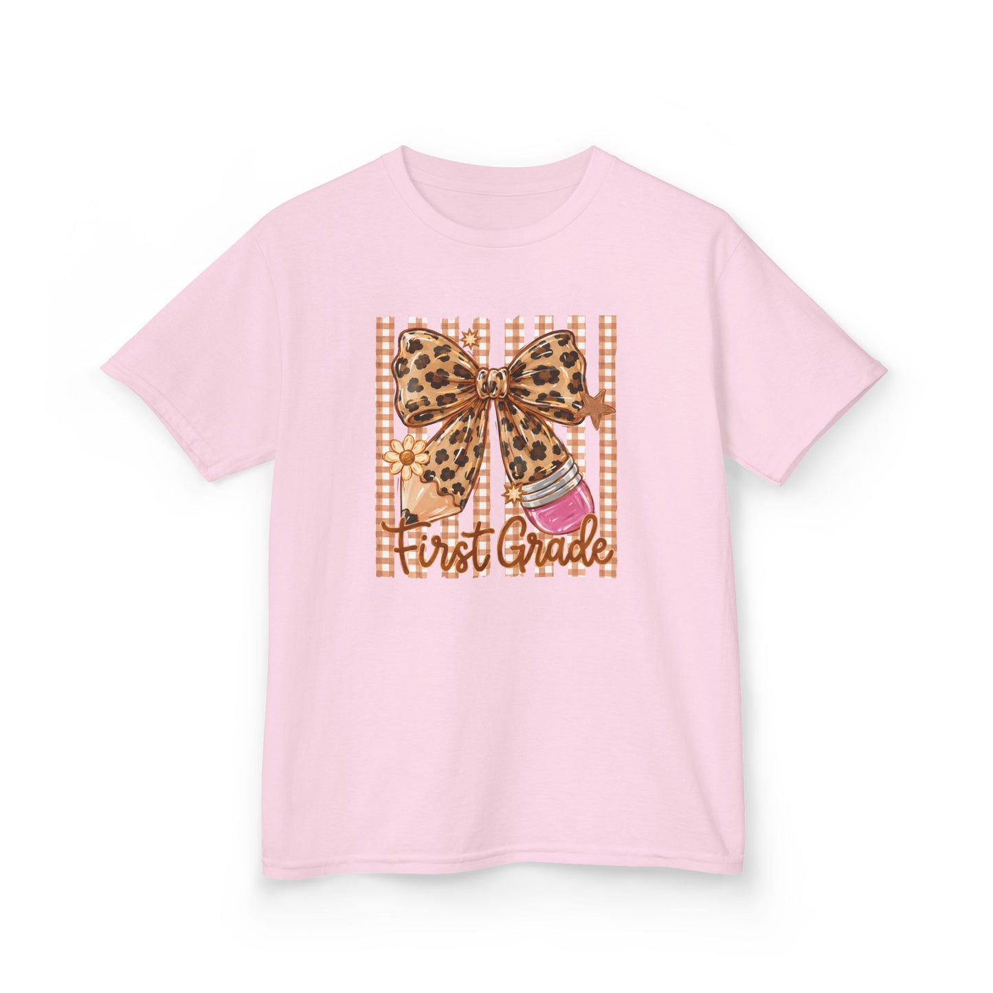 First Grade Leopard Bow Kids Tee — Back to School Graphic Shirt