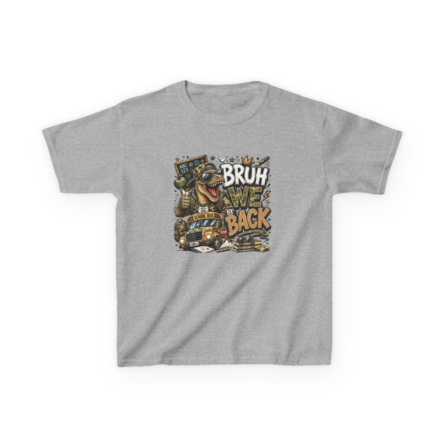Kids Graphic Tee — "Bruh We Back" T- Rex Vintage Skate Dinosaur Crew Shirt