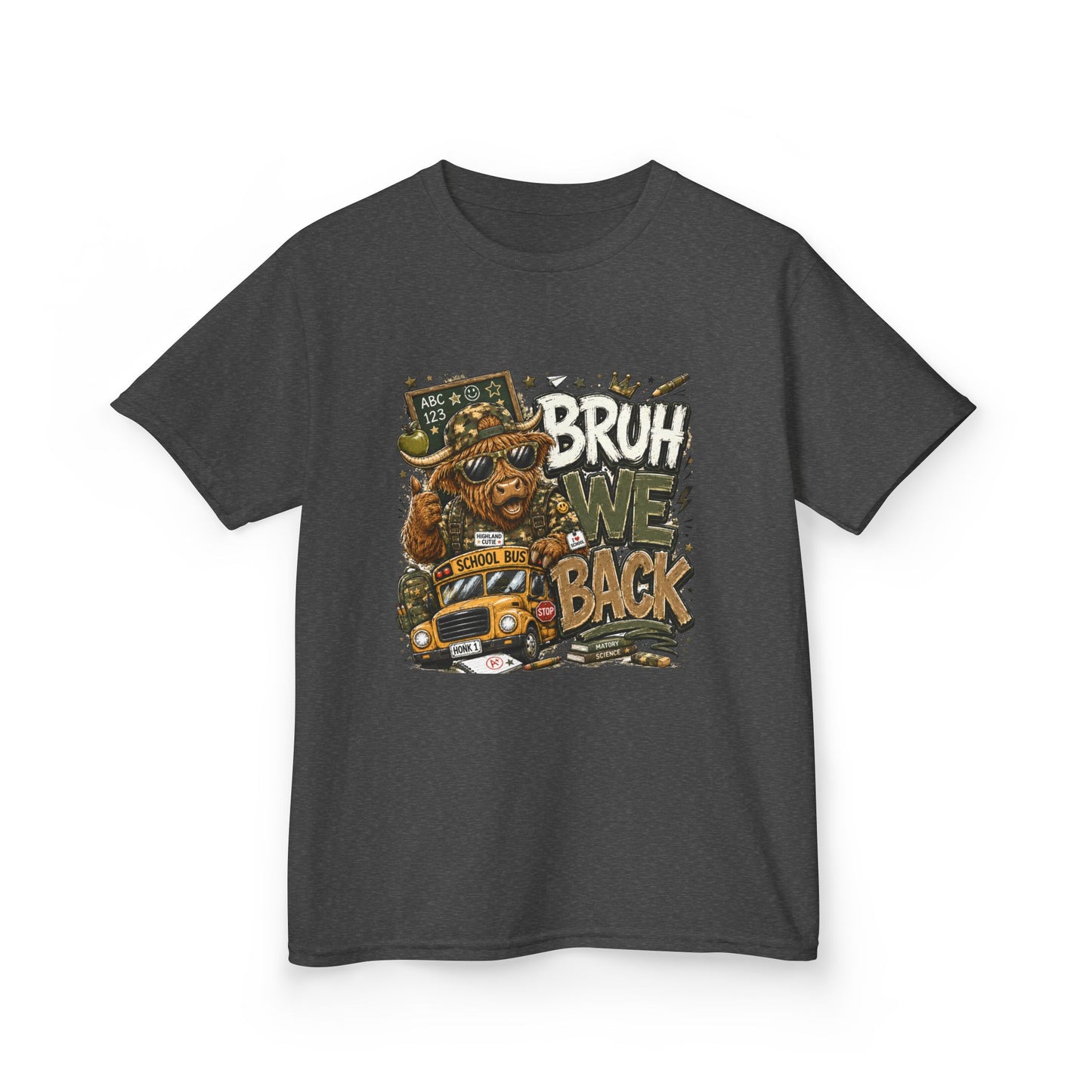 Kids Tee — 'Bruh We Back' Highland Cow Graphic