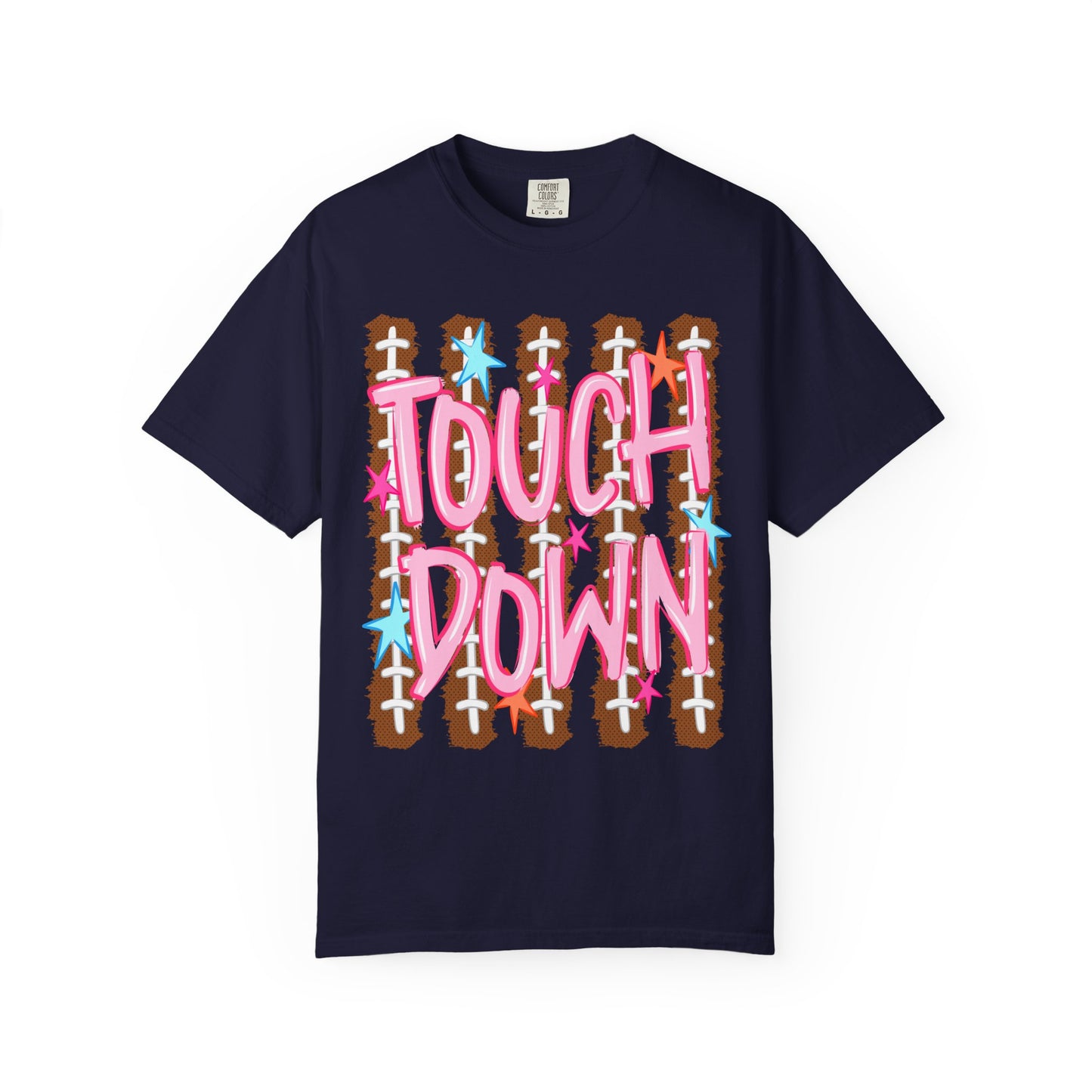 Touchdown Football Tee — Pink Script on Football Stitch Background