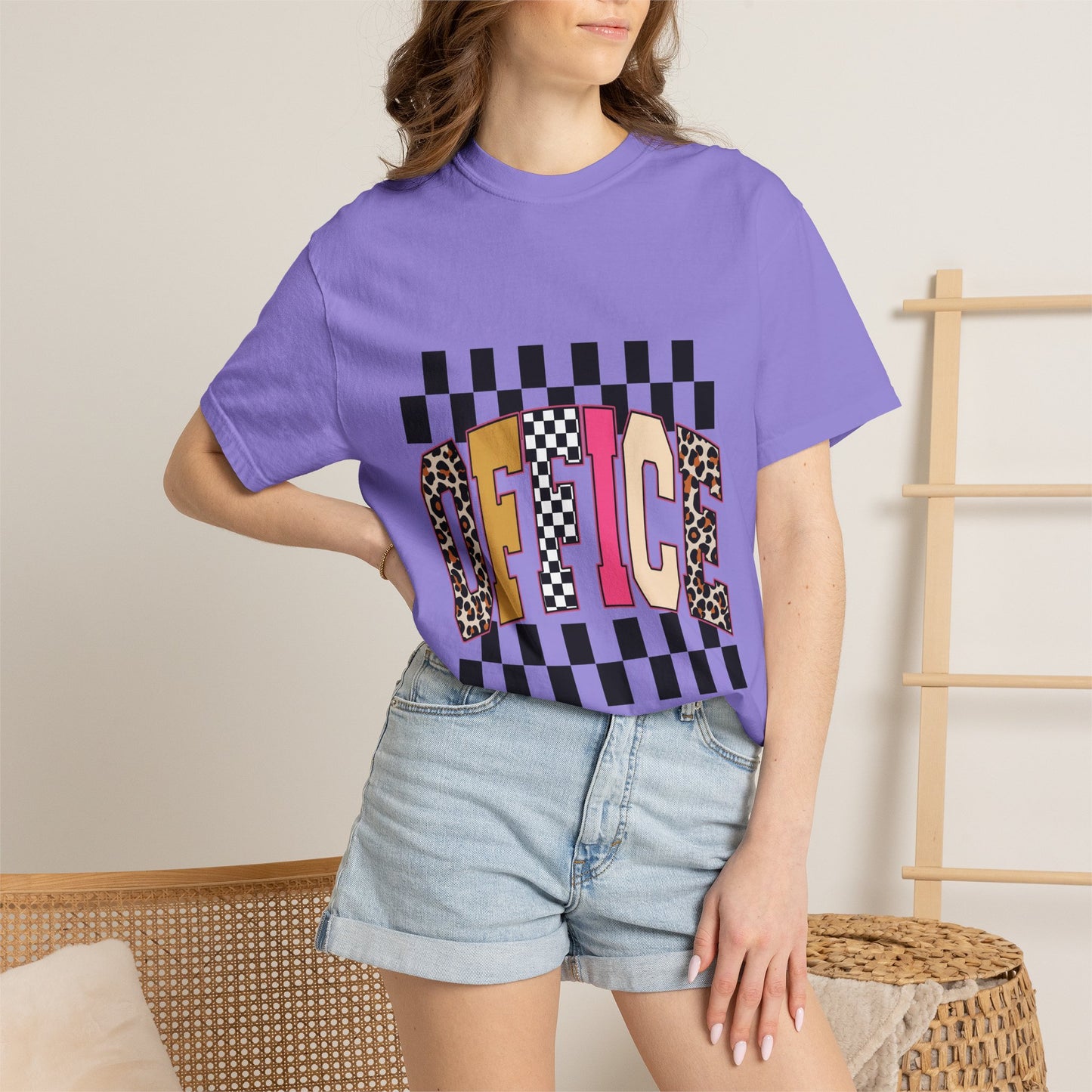 Office Checkerboard Graphic T-Shirt — Colorful Leopard & Retro Lettering