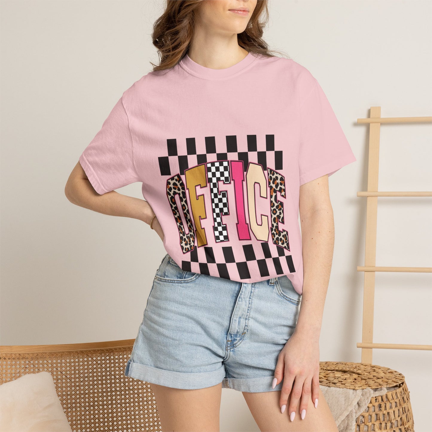 Office Checkerboard Graphic T-Shirt — Colorful Leopard & Retro Lettering
