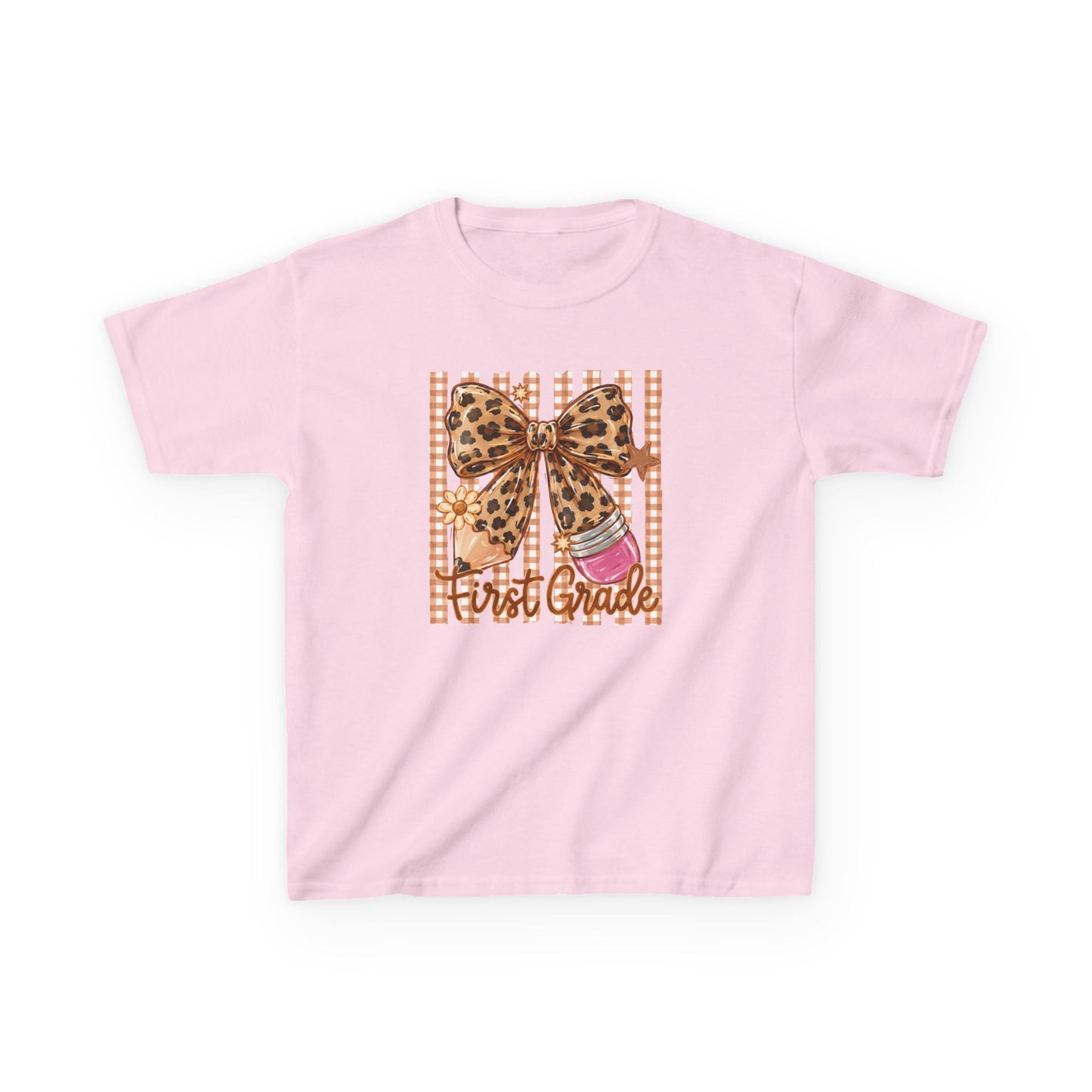 First Grade Leopard Bow Kids Tee — Back to School Graphic Shirt