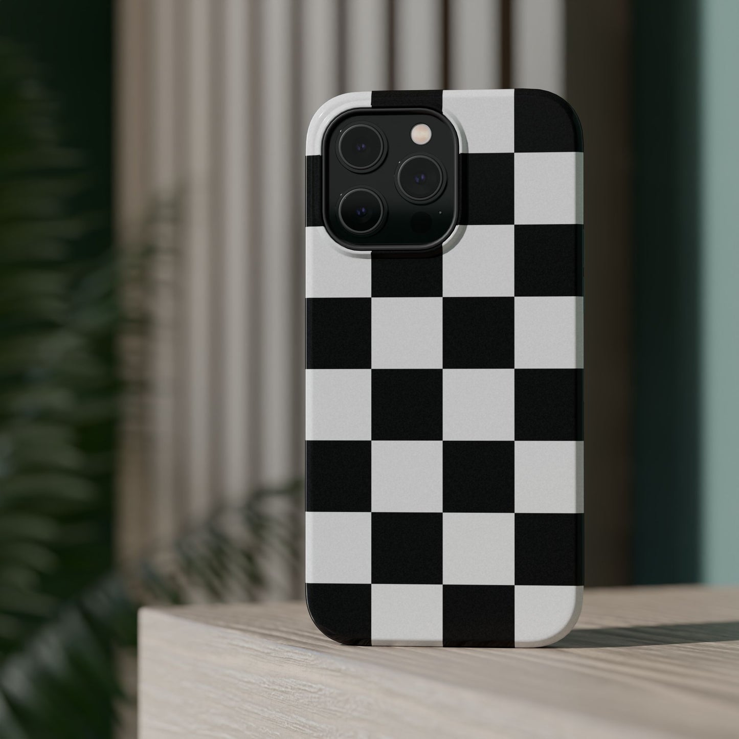 Black & White Checkered Magnetic Impact Phone Case — Shockproof, Wireless Charging Compatible