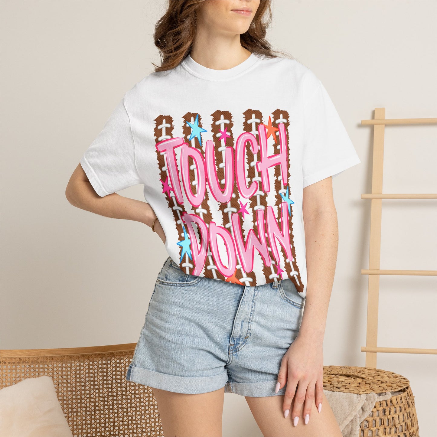 Touchdown Football Tee — Pink Script on Football Stitch Background