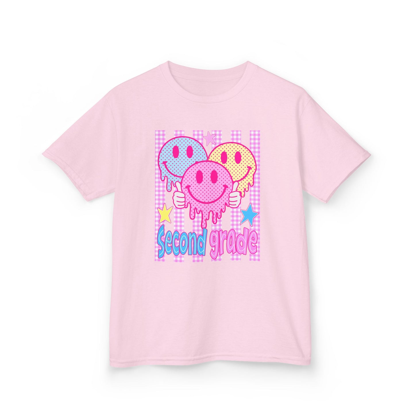 Second Grade Smiles Kids T‑Shirt — Colorful Drip Smiley Graphic for Back to School