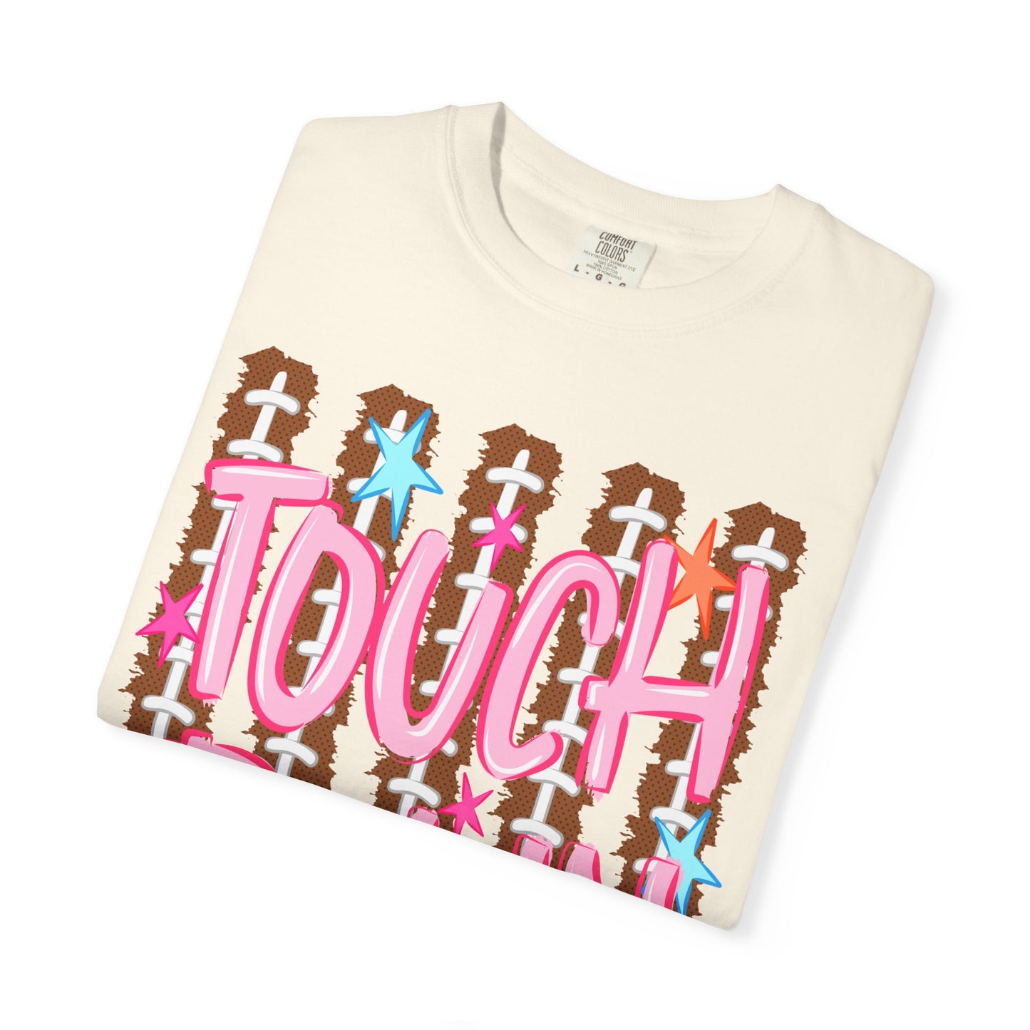 Touchdown Football Tee — Pink Script on Football Stitch Background