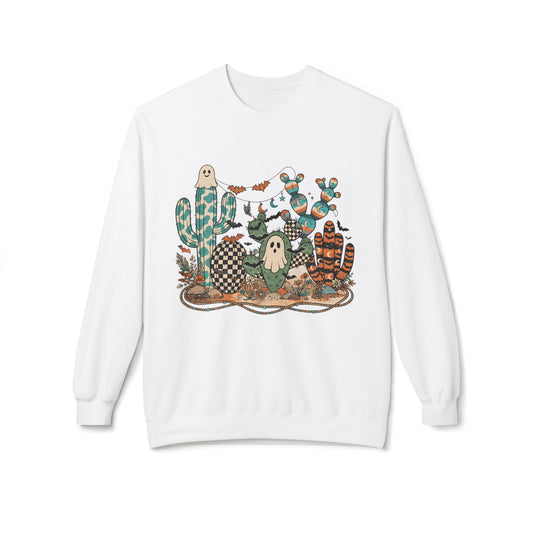 Halloween Cactus Crewneck Sweatshirt — Cute Ghosts & Desert Plants Graphic