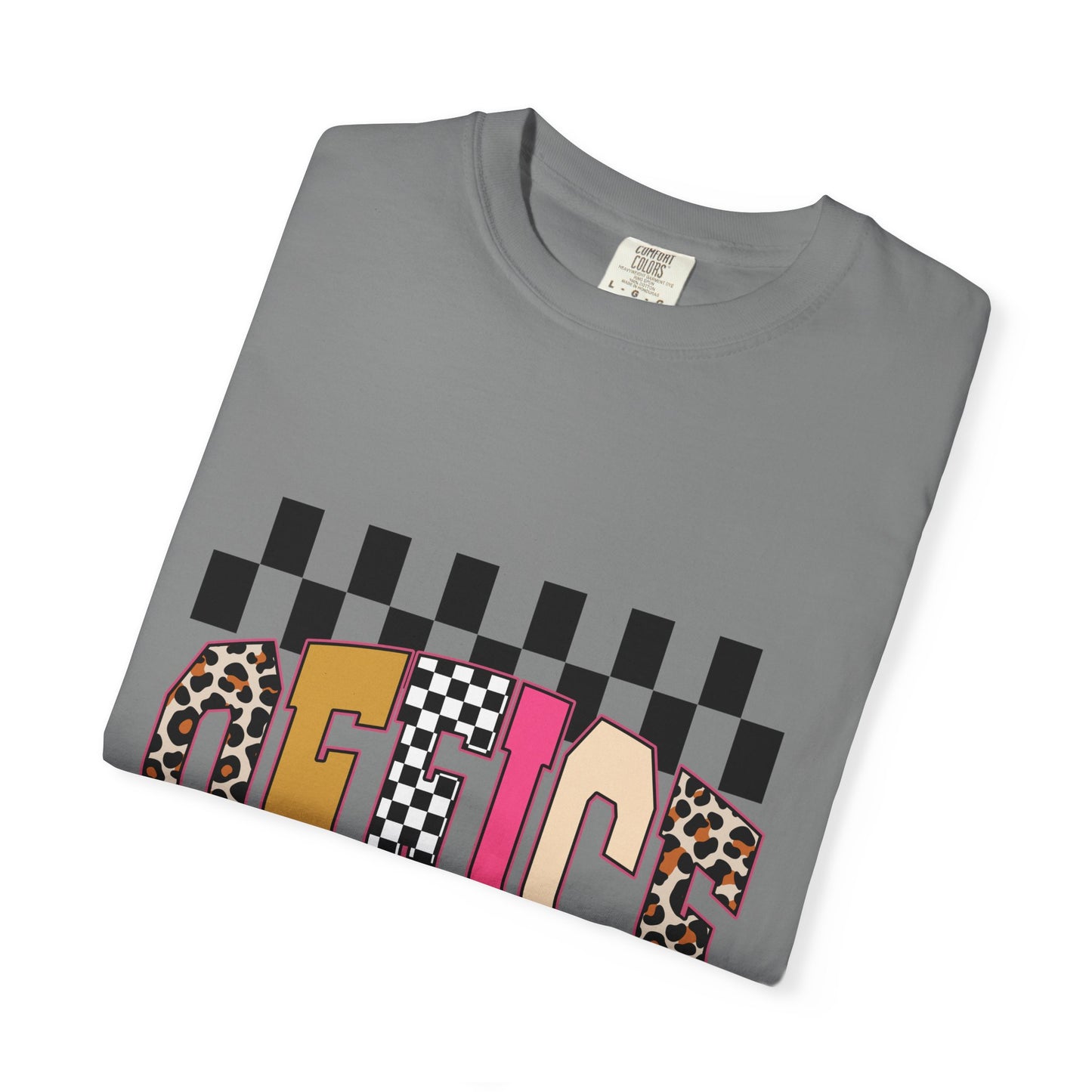 Office Checkerboard Graphic T-Shirt — Colorful Leopard & Retro Lettering