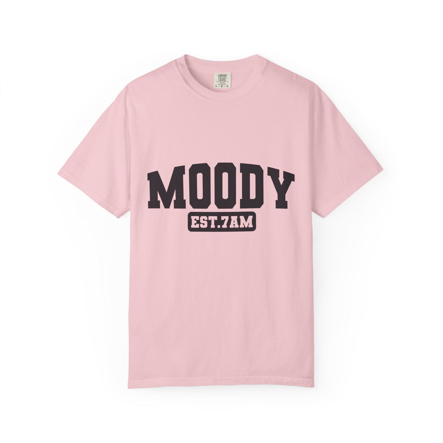 Moody EST. 7AM T-Shirt — Casual Graphic Tee for Coffee Lovers & Night Owls