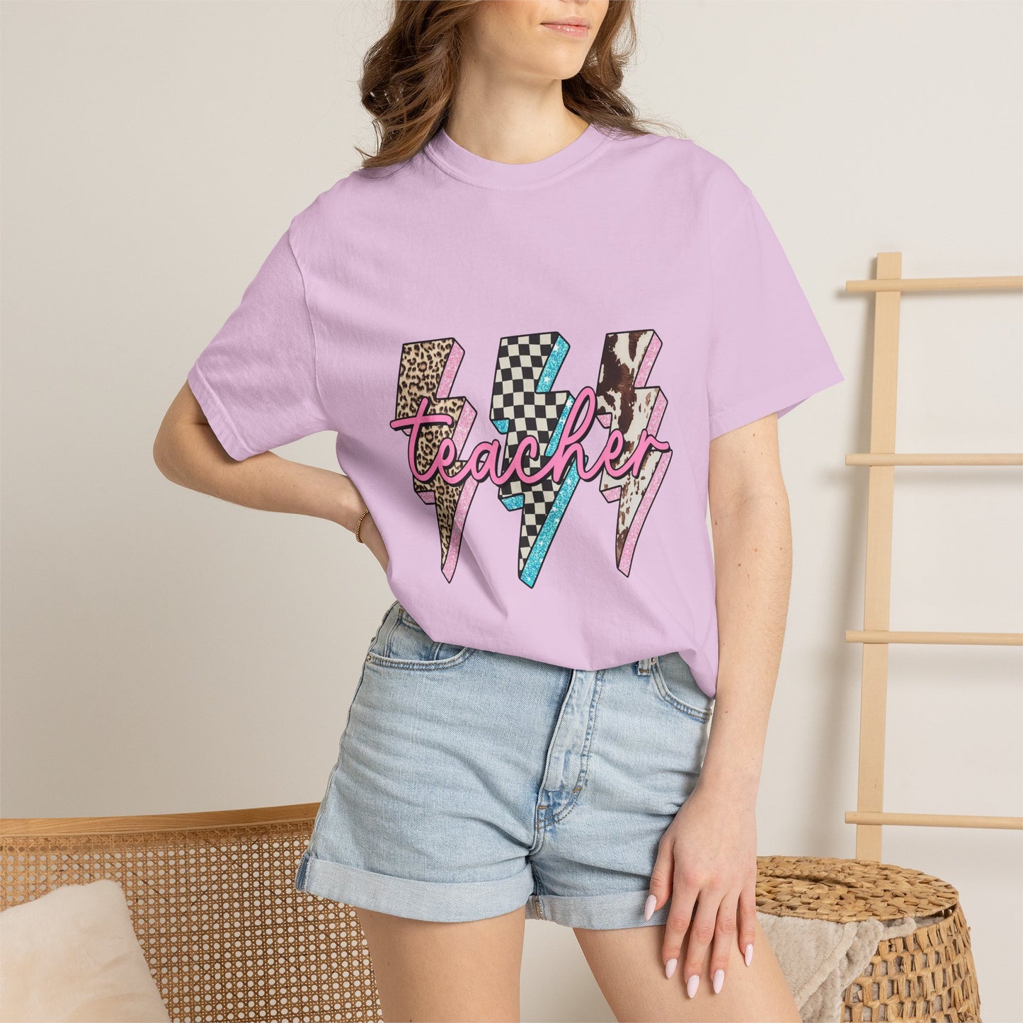 Teacher Lightning Bolt Graphic Tee — Retro Pink Patterned "Teacher" Design