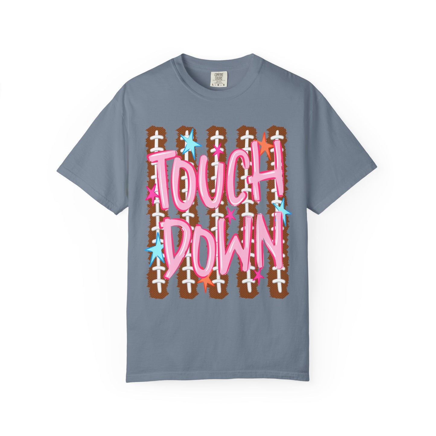 Touchdown Football Tee — Pink Script on Football Stitch Background
