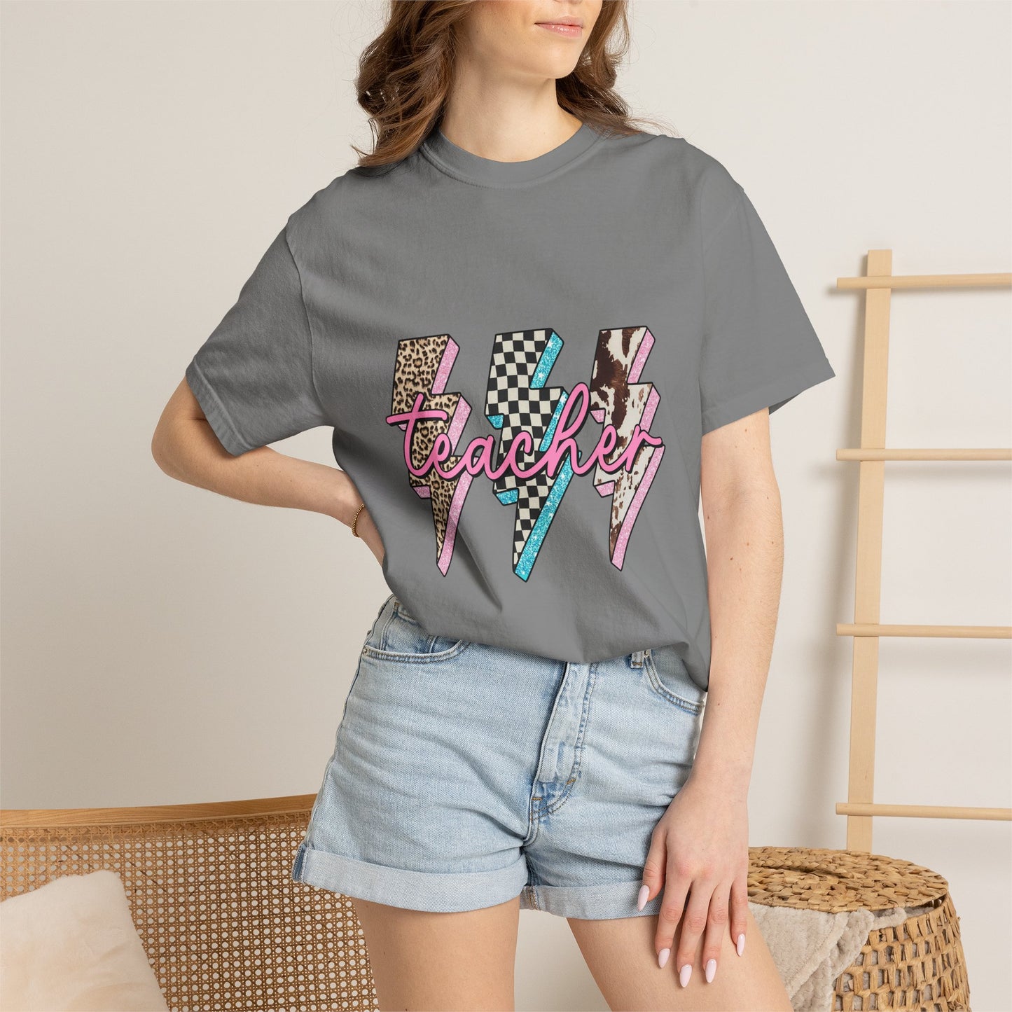 Teacher Lightning Bolt Graphic Tee — Retro Pink Patterned "Teacher" Design