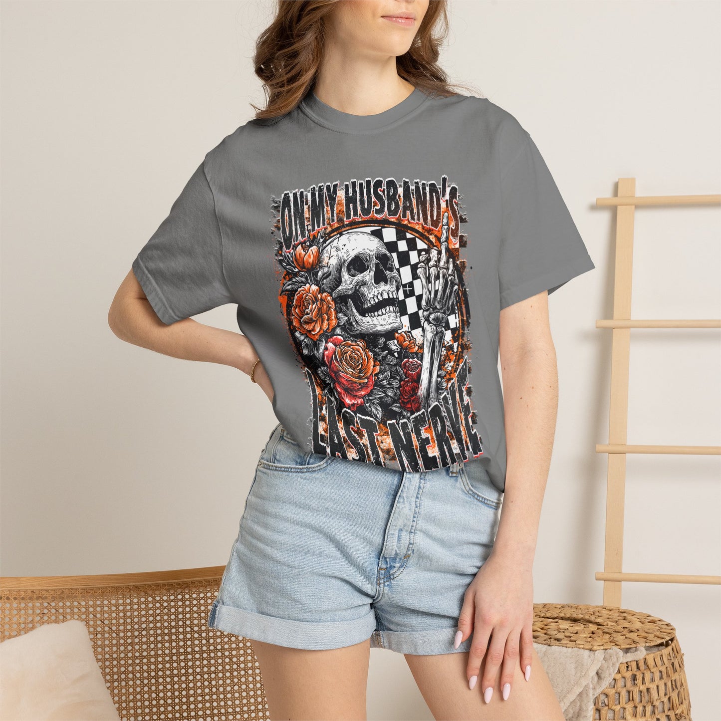 Easy Nerve T-Shirt — Skull, Roses & Racing Flag Graphic Tee
