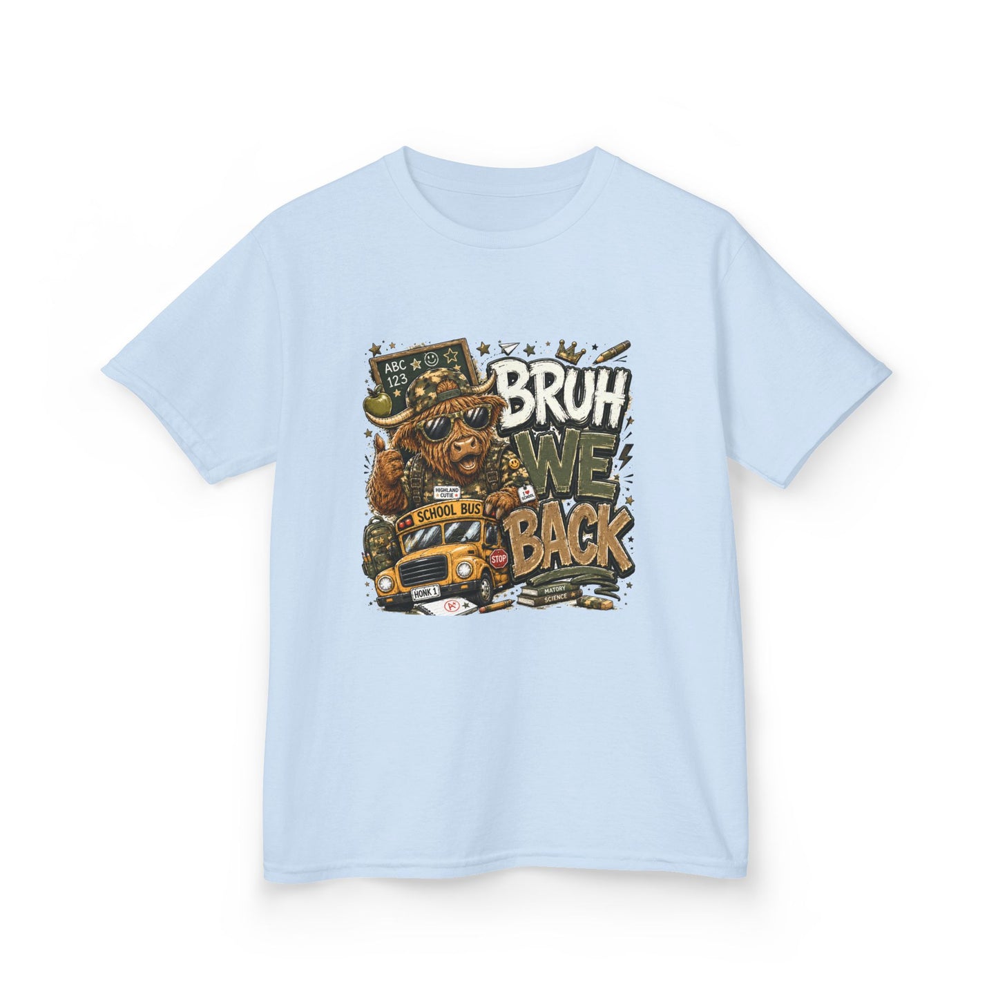 Kids Tee — 'Bruh We Back' Highland Cow Graphic