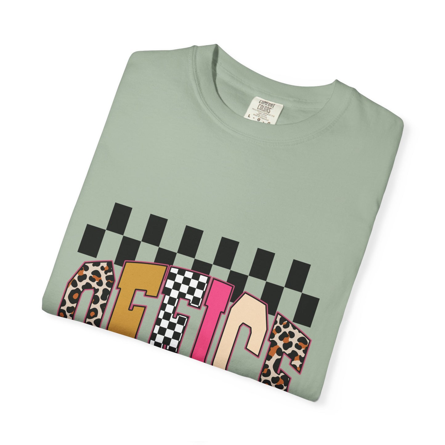 Office Checkerboard Graphic T-Shirt — Colorful Leopard & Retro Lettering