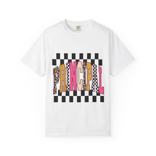 Principal Bow Stripe T‑Shirt — Cute Pink & Navy Teacher Tee