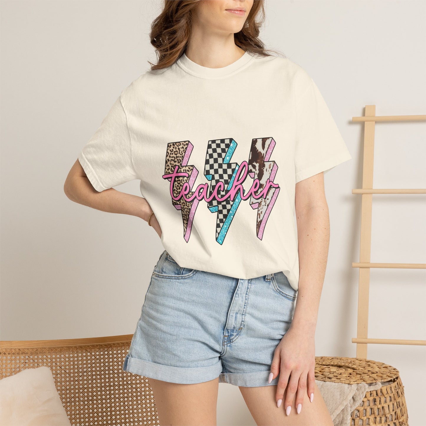 Teacher Lightning Bolt Graphic Tee — Retro Pink Patterned "Teacher" Design