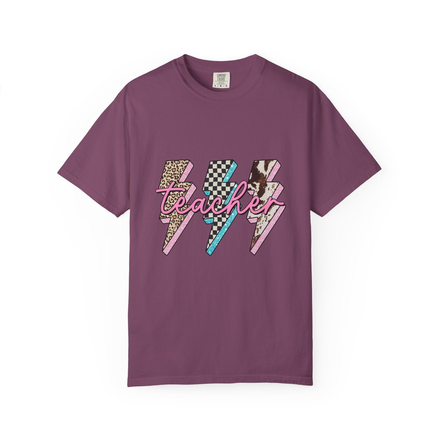 Teacher Lightning Bolt Graphic Tee — Retro Pink Patterned "Teacher" Design