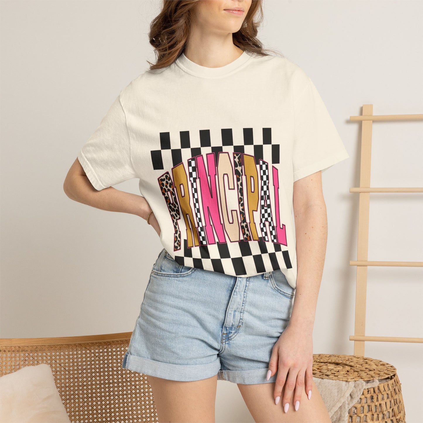 Principal Bow Stripe T‑Shirt — Cute Pink & Navy Teacher Tee