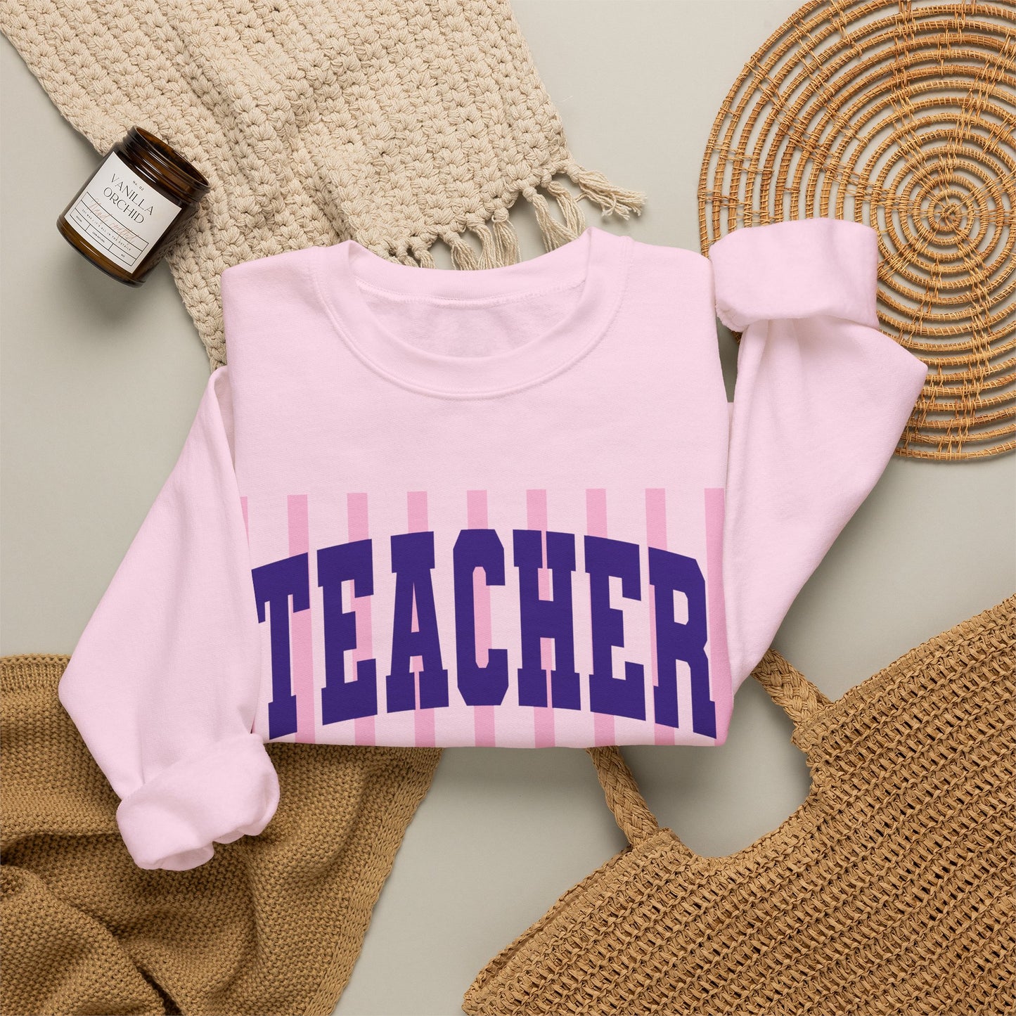 Teacher Crewneck Sweatshirt — Pink Stripes & Bow Design