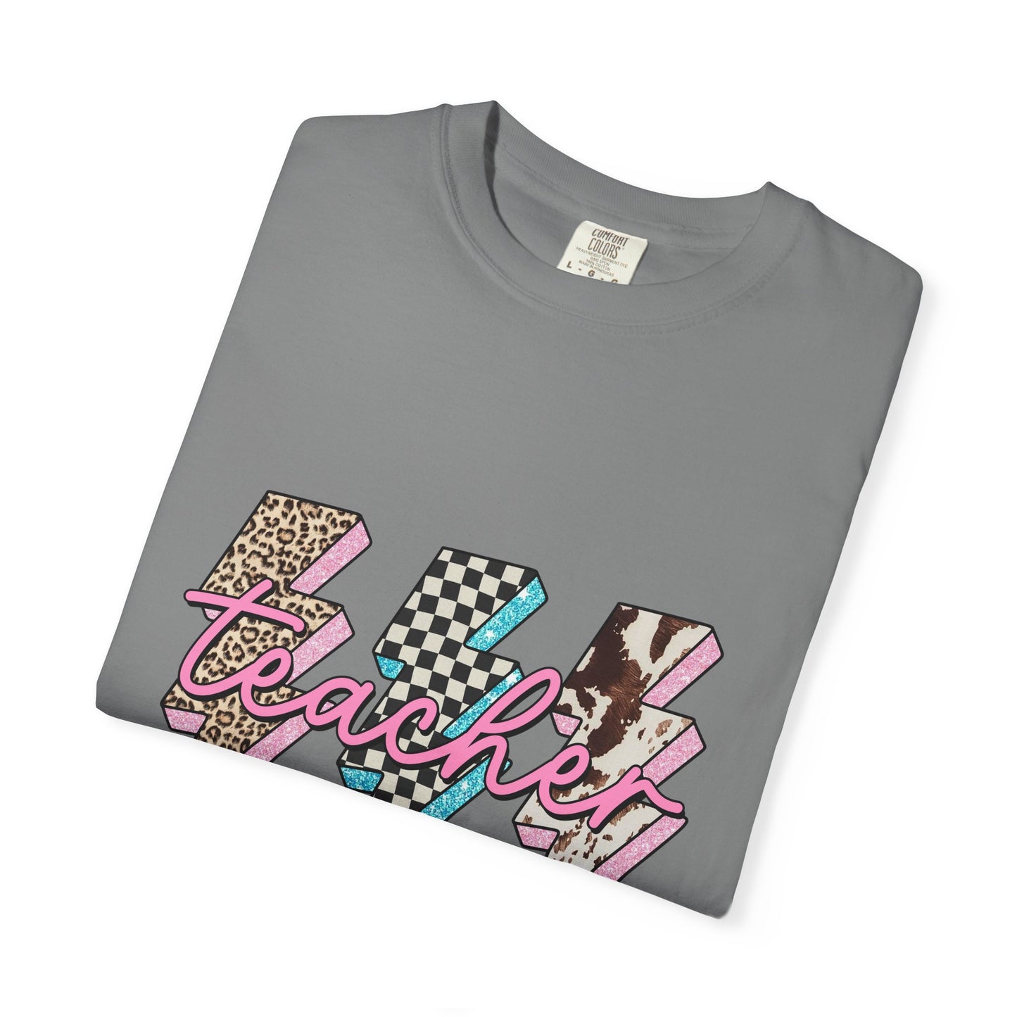 Teacher Lightning Bolt Graphic Tee — Retro Pink Patterned "Teacher" Design