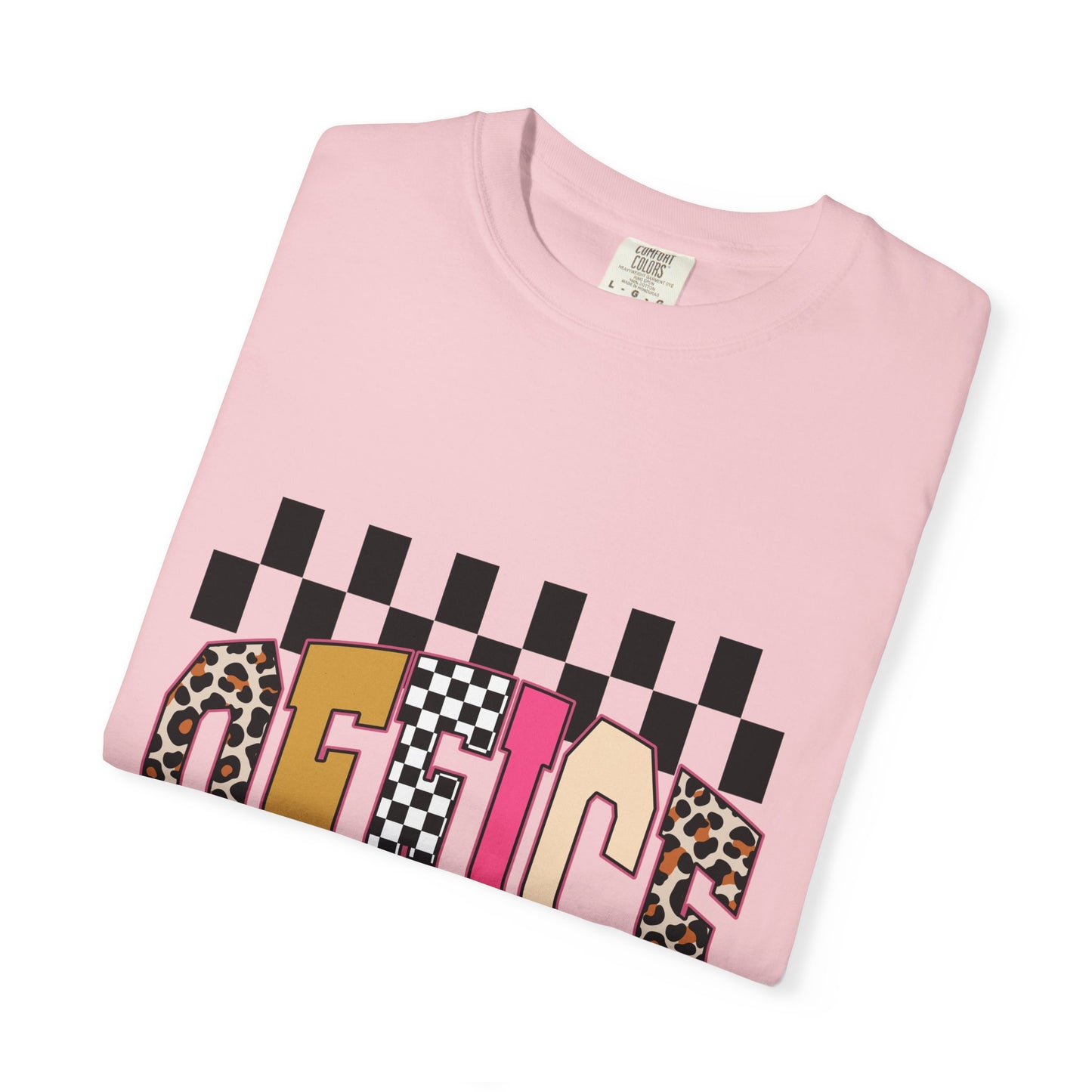 Office Checkerboard Graphic T-Shirt — Colorful Leopard & Retro Lettering