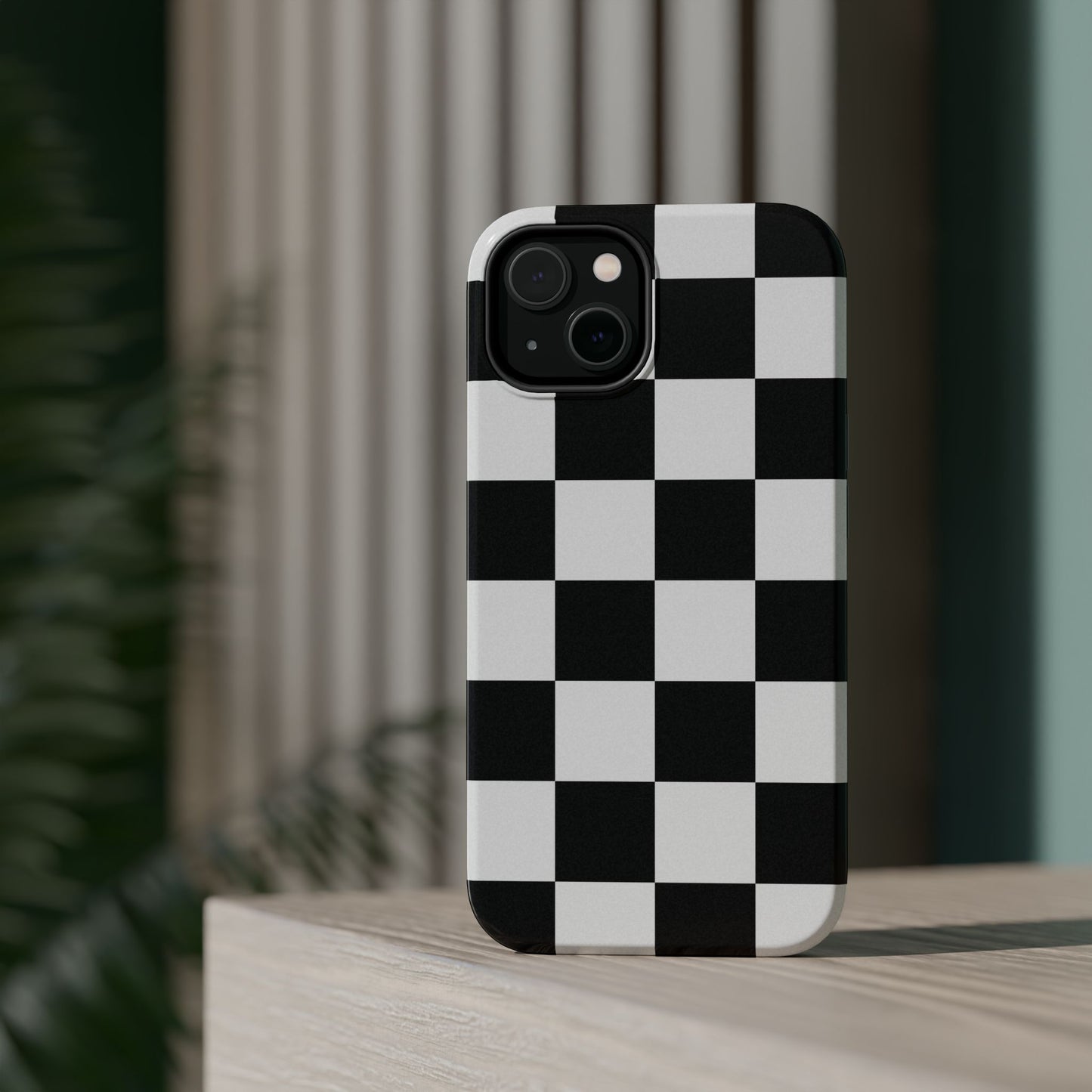 Black & White Checkered Magnetic Impact Phone Case — Shockproof, Wireless Charging Compatible