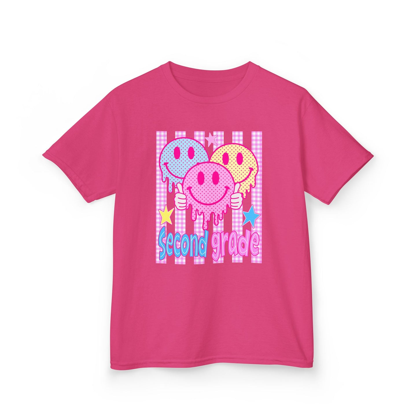 Second Grade Smiles Kids T‑Shirt — Colorful Drip Smiley Graphic for Back to School