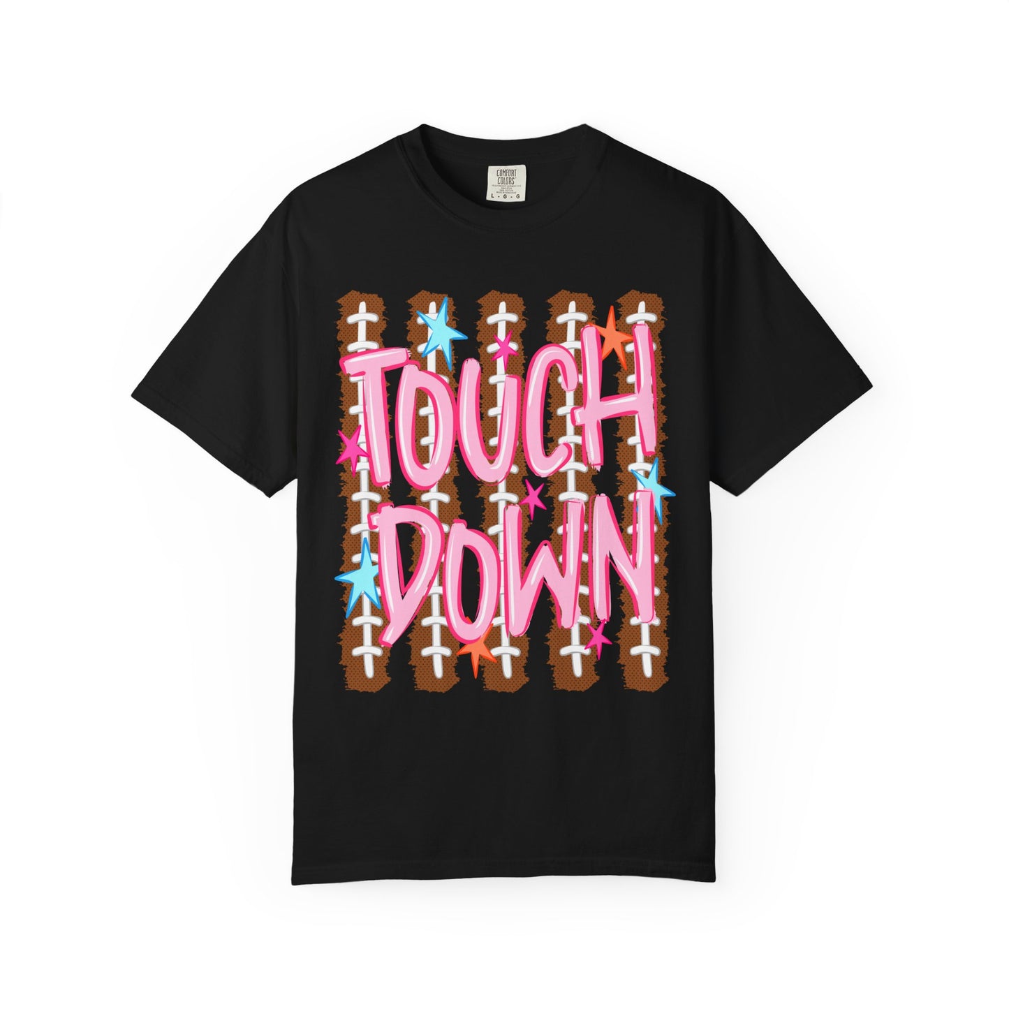 Touchdown Football Tee — Pink Script on Football Stitch Background