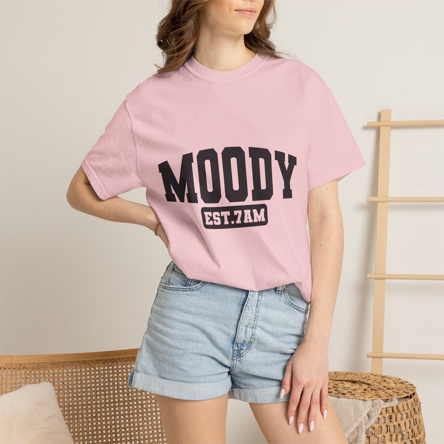 Moody EST. 7AM T-Shirt — Casual Graphic Tee for Coffee Lovers & Night Owls