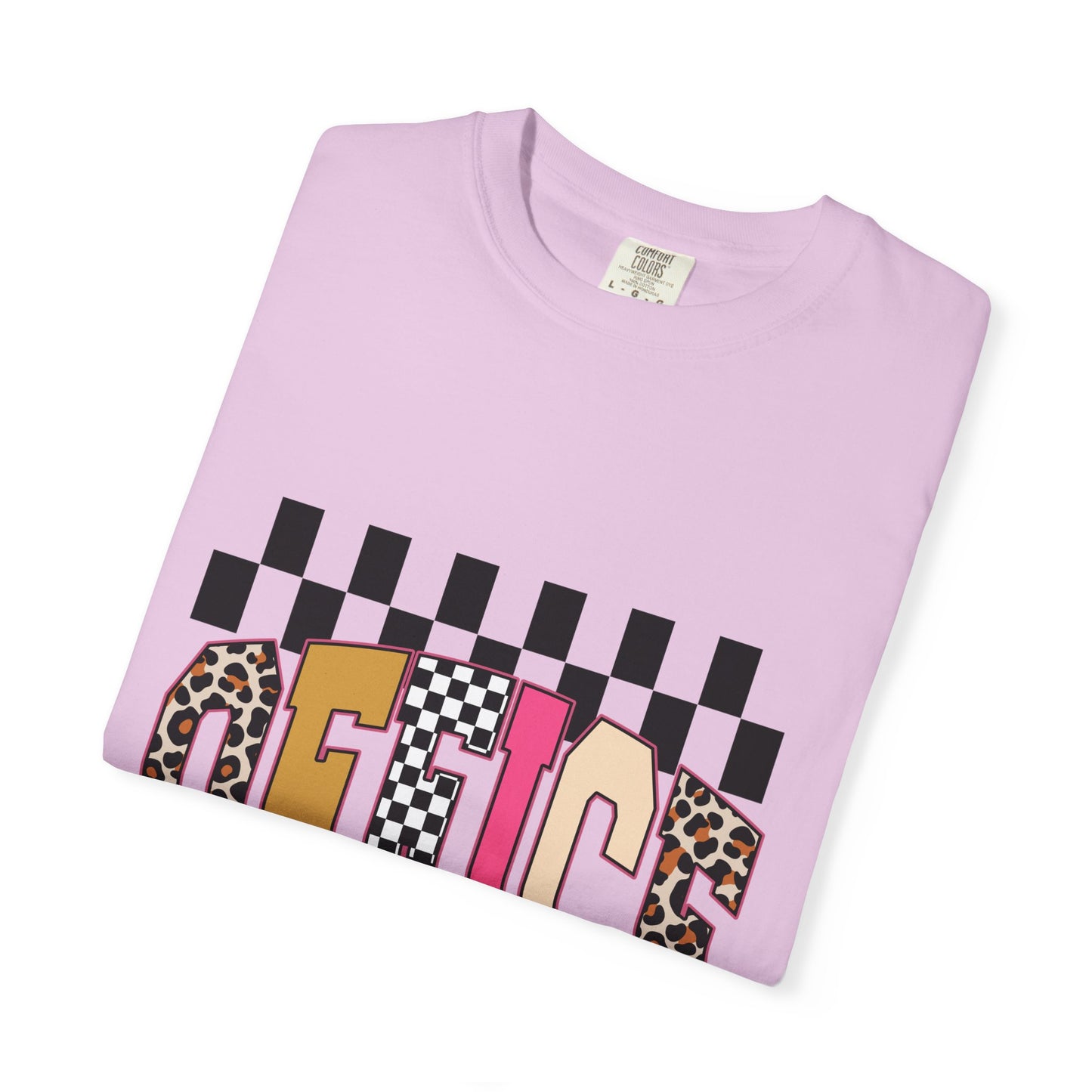 Office Checkerboard Graphic T-Shirt — Colorful Leopard & Retro Lettering