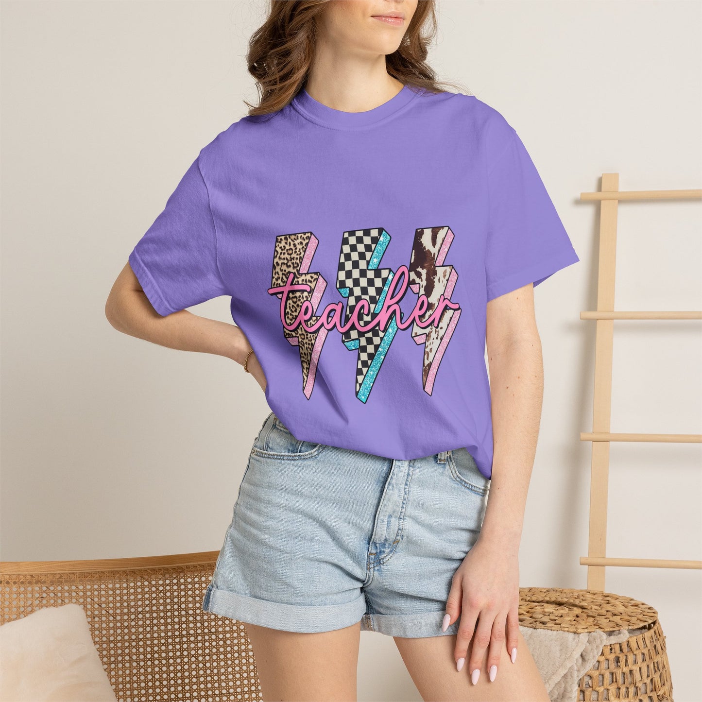 Teacher Lightning Bolt Graphic Tee — Retro Pink Patterned "Teacher" Design