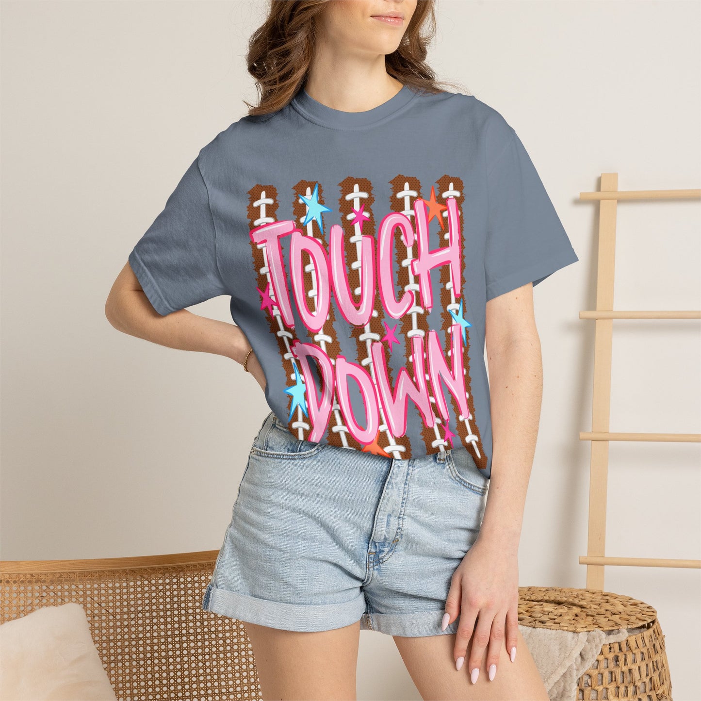 Touchdown Football Tee — Pink Script on Football Stitch Background
