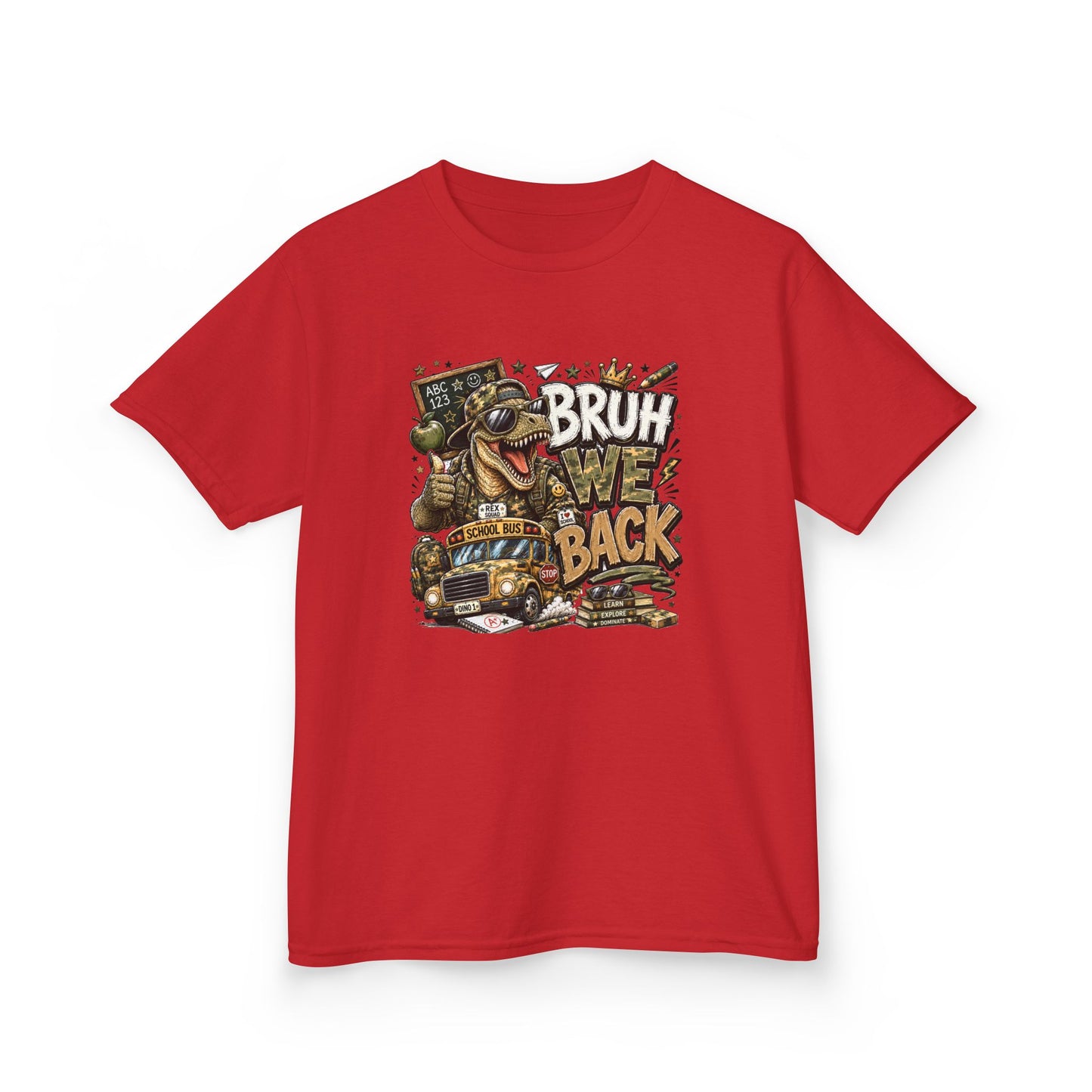 Kids Graphic Tee — "Bruh We Back" T- Rex Vintage Skate Dinosaur Crew Shirt