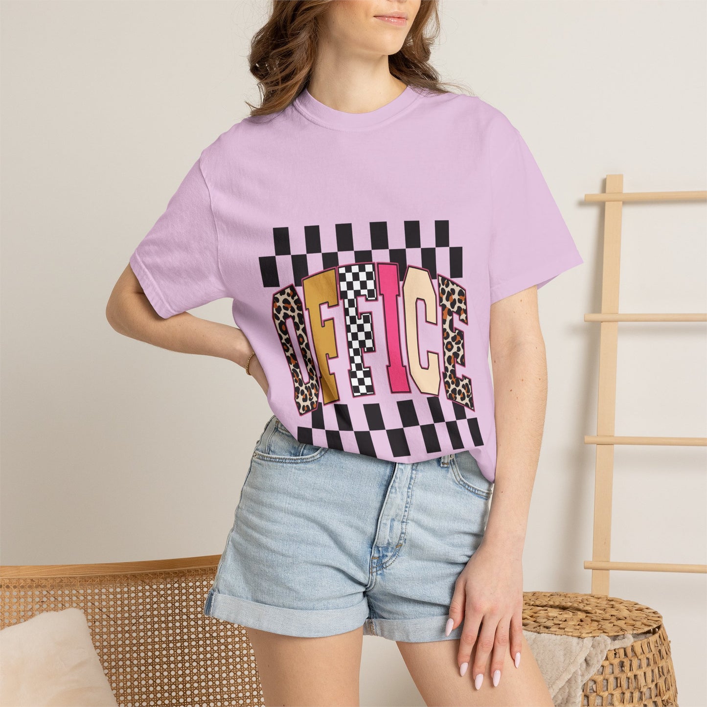 Office Checkerboard Graphic T-Shirt — Colorful Leopard & Retro Lettering