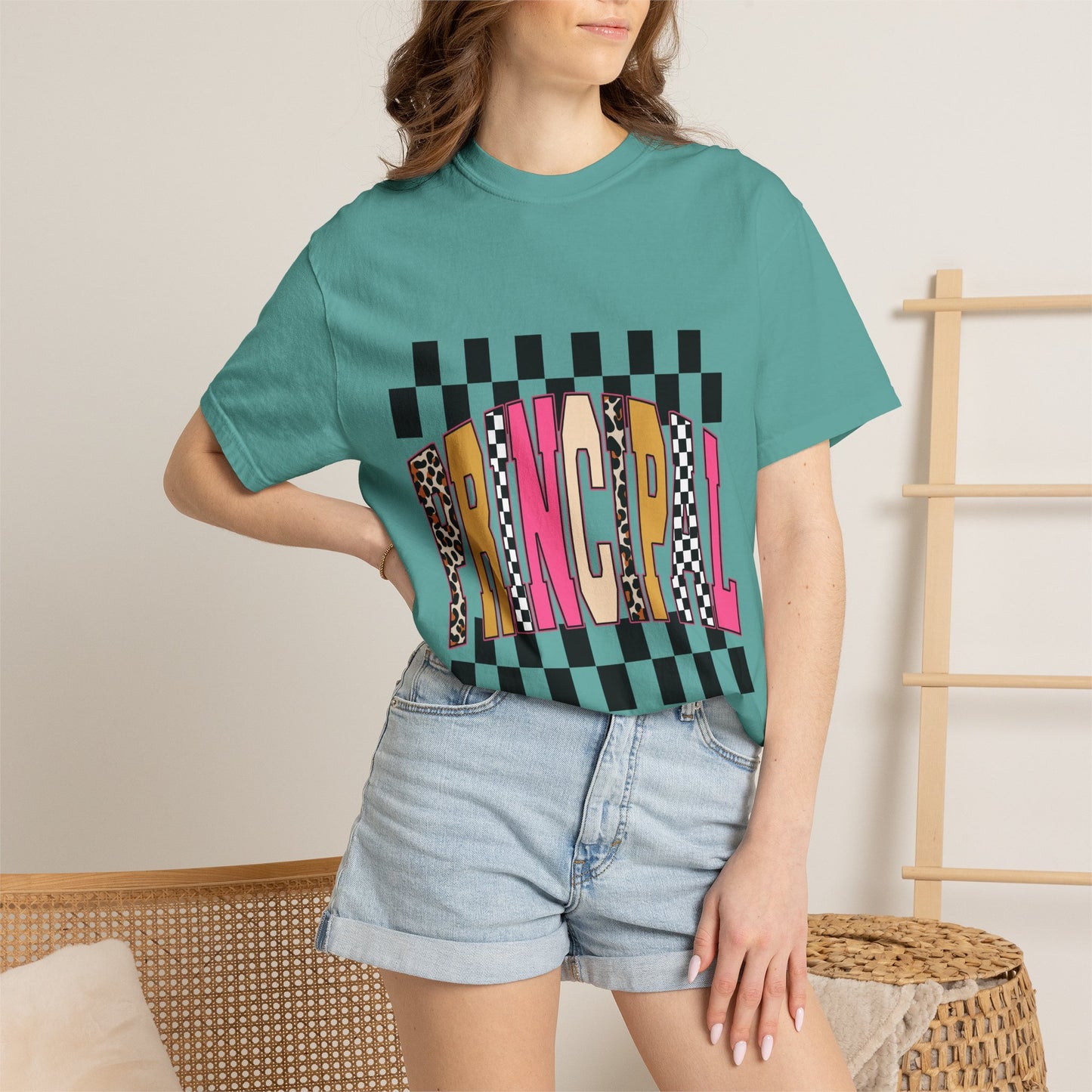 Principal Bow Stripe T‑Shirt — Cute Pink & Navy Teacher Tee