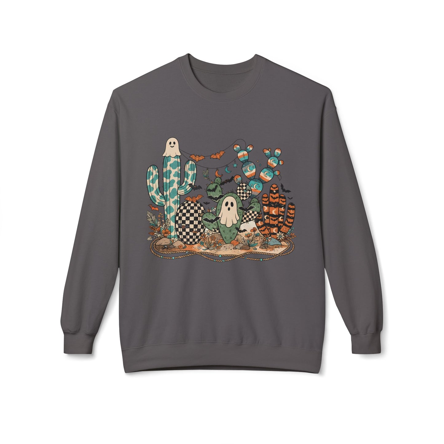Halloween Cactus Crewneck Sweatshirt — Cute Ghosts & Desert Plants Graphic