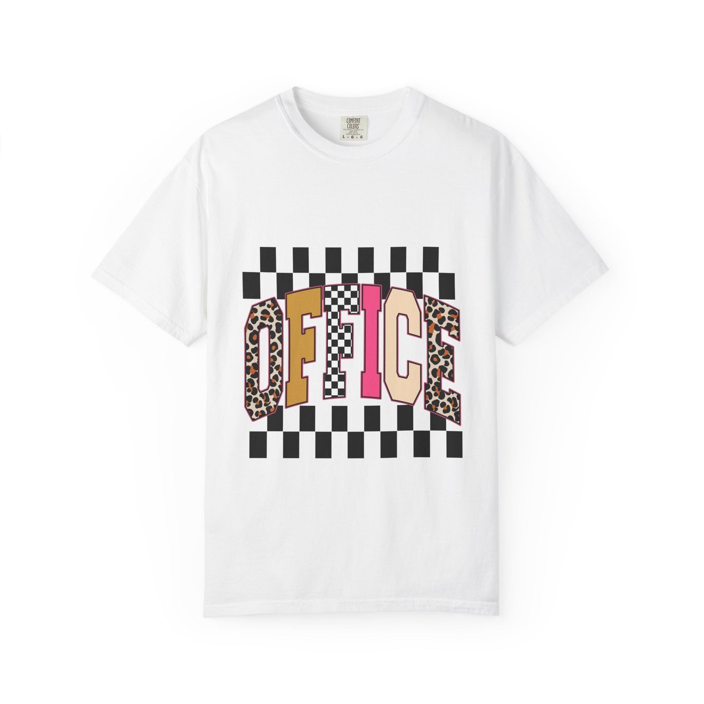 Office Checkerboard Graphic T-Shirt — Colorful Leopard & Retro Lettering