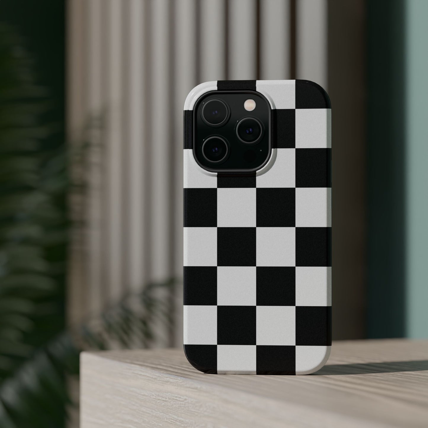 Black & White Checkered Magnetic Impact Phone Case — Shockproof, Wireless Charging Compatible