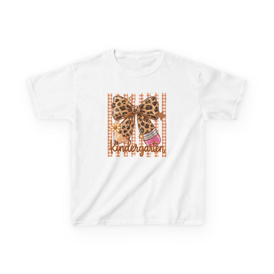Kindergarten Leopard Bow Kids T-Shirt — Back-to-School Cute Girl Tee