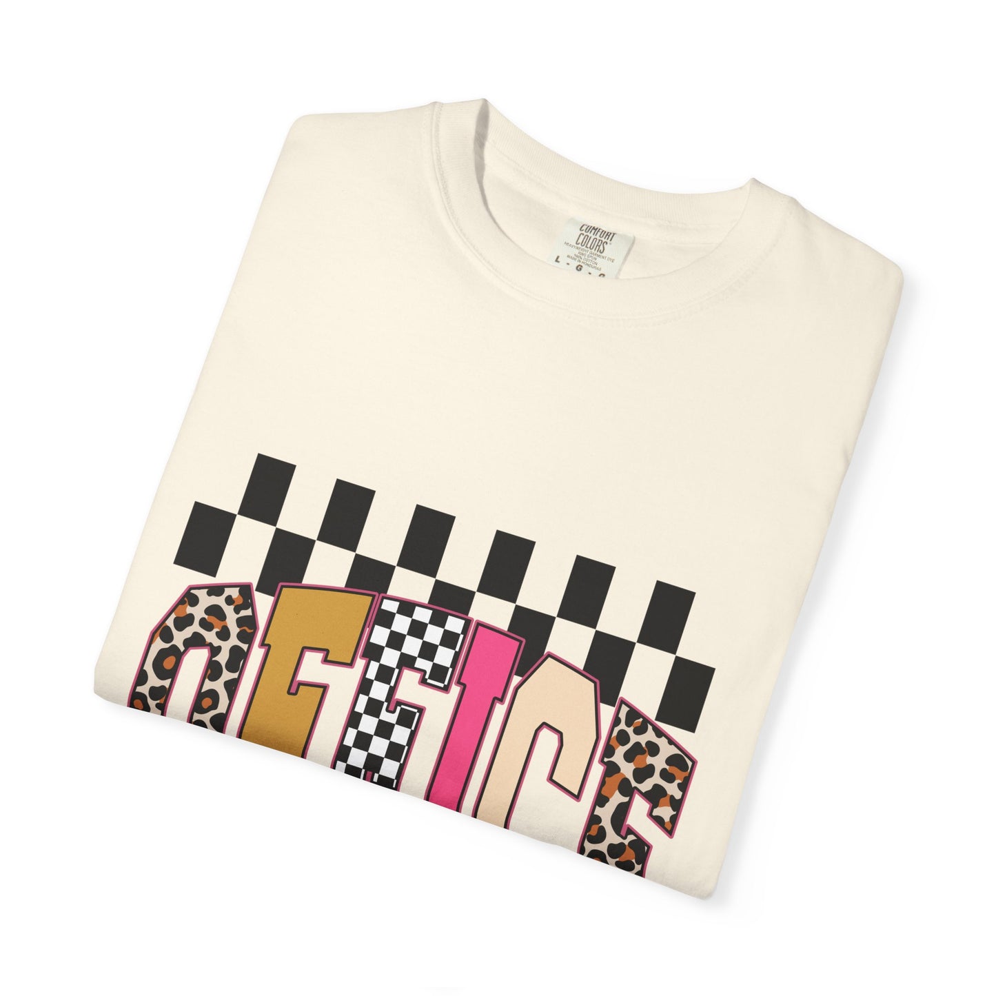Office Checkerboard Graphic T-Shirt — Colorful Leopard & Retro Lettering