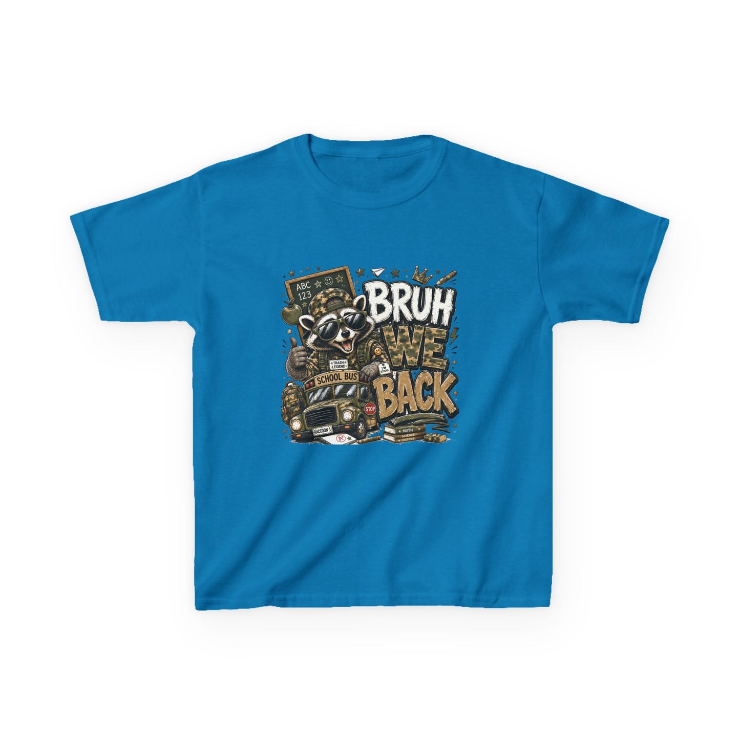 Kids Tee — "Bruh We Back" Cartoon Raccoon School Bus Graphic