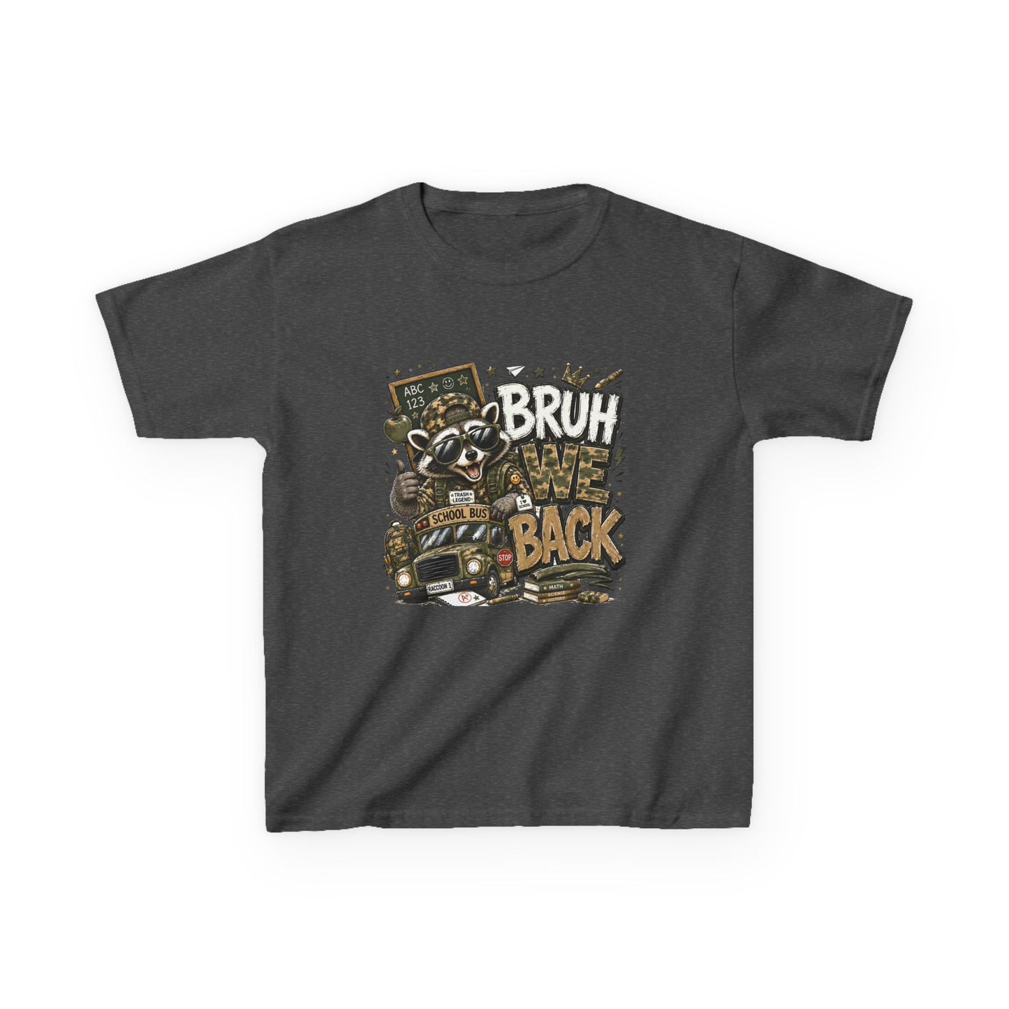 Kids Tee — "Bruh We Back" Cartoon Raccoon School Bus Graphic